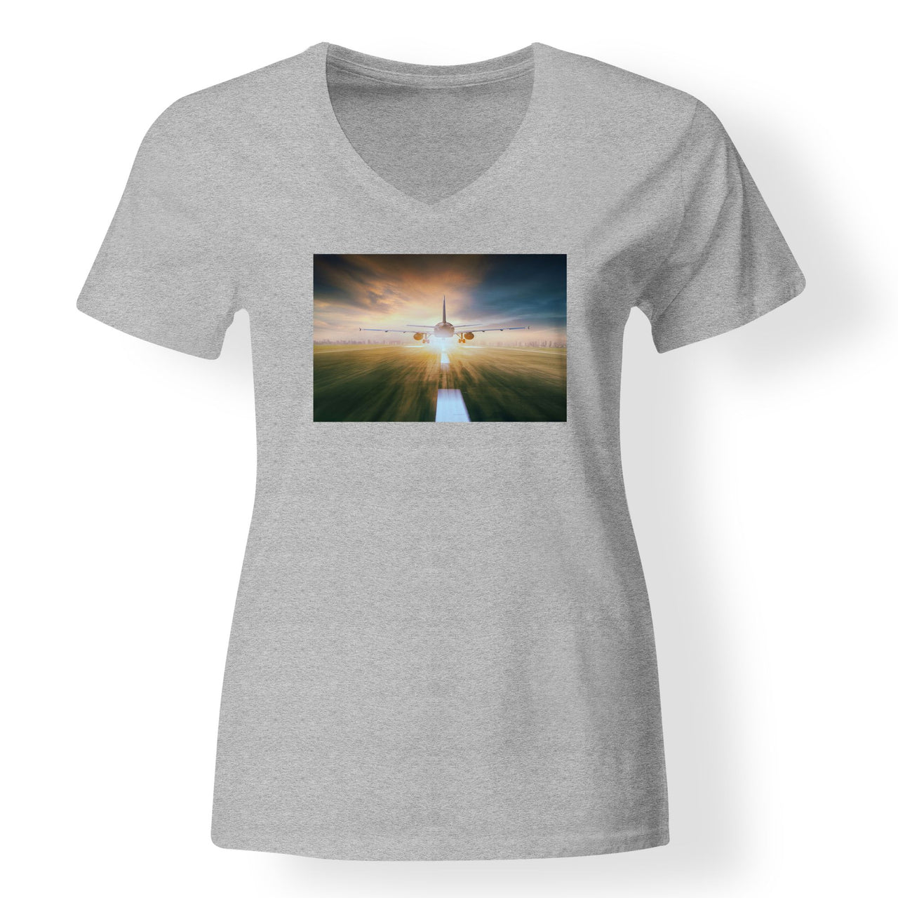 Airplane Flying Over Runway Designed V-Neck T-Shirts