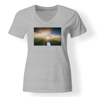 Thumbnail for Airplane Flying Over Runway Designed V-Neck T-Shirts