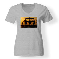 Thumbnail for Military Plane at Sunset Designed V-Neck T-Shirts