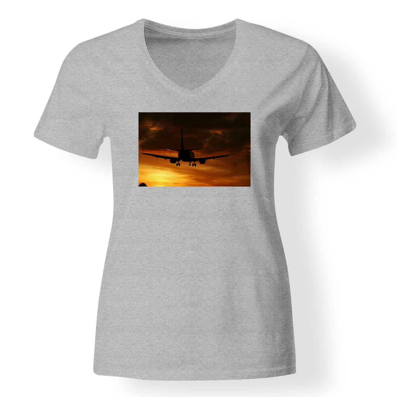 Beautiful Aircraft Landing at Sunset Designed V-Neck T-Shirts