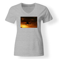 Thumbnail for Beautiful Aircraft Landing at Sunset Designed V-Neck T-Shirts
