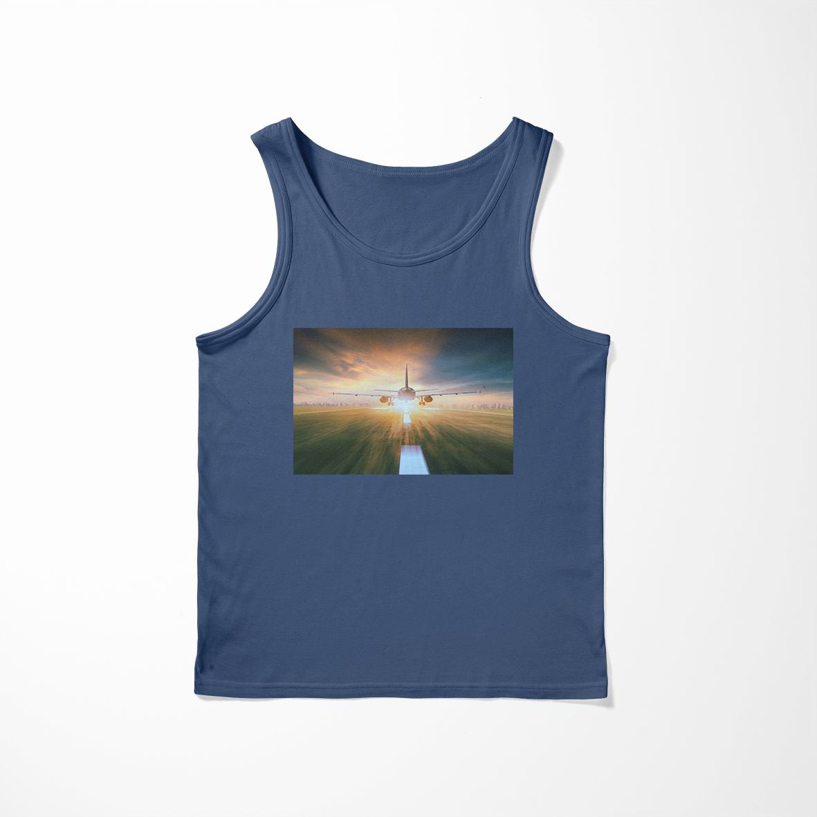 Airplane Flying Over Runway Designed Tank Tops