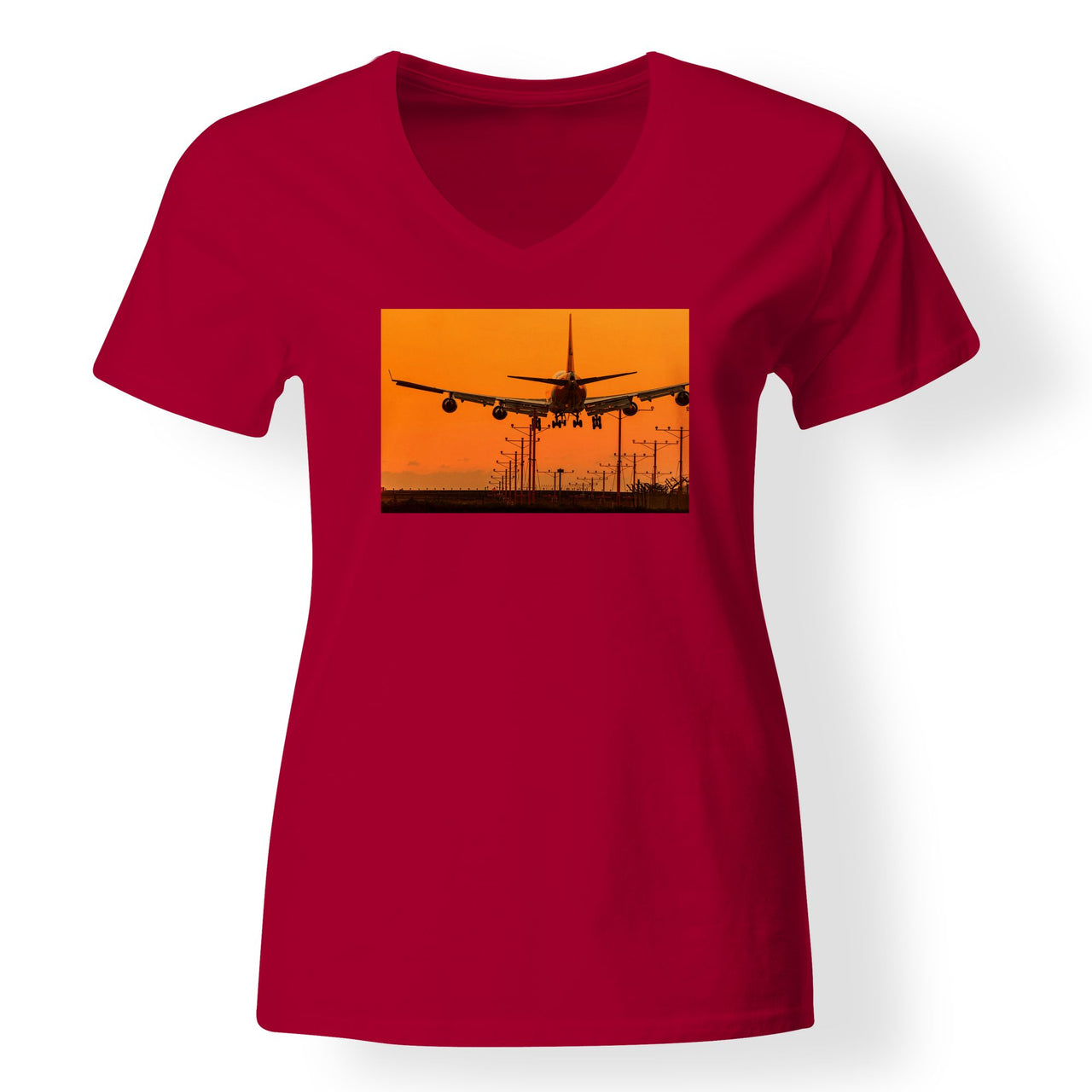 Close up to Boeing 747 Landing at Sunset Designed V-Neck T-Shirts