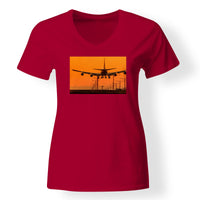 Thumbnail for Close up to Boeing 747 Landing at Sunset Designed V-Neck T-Shirts