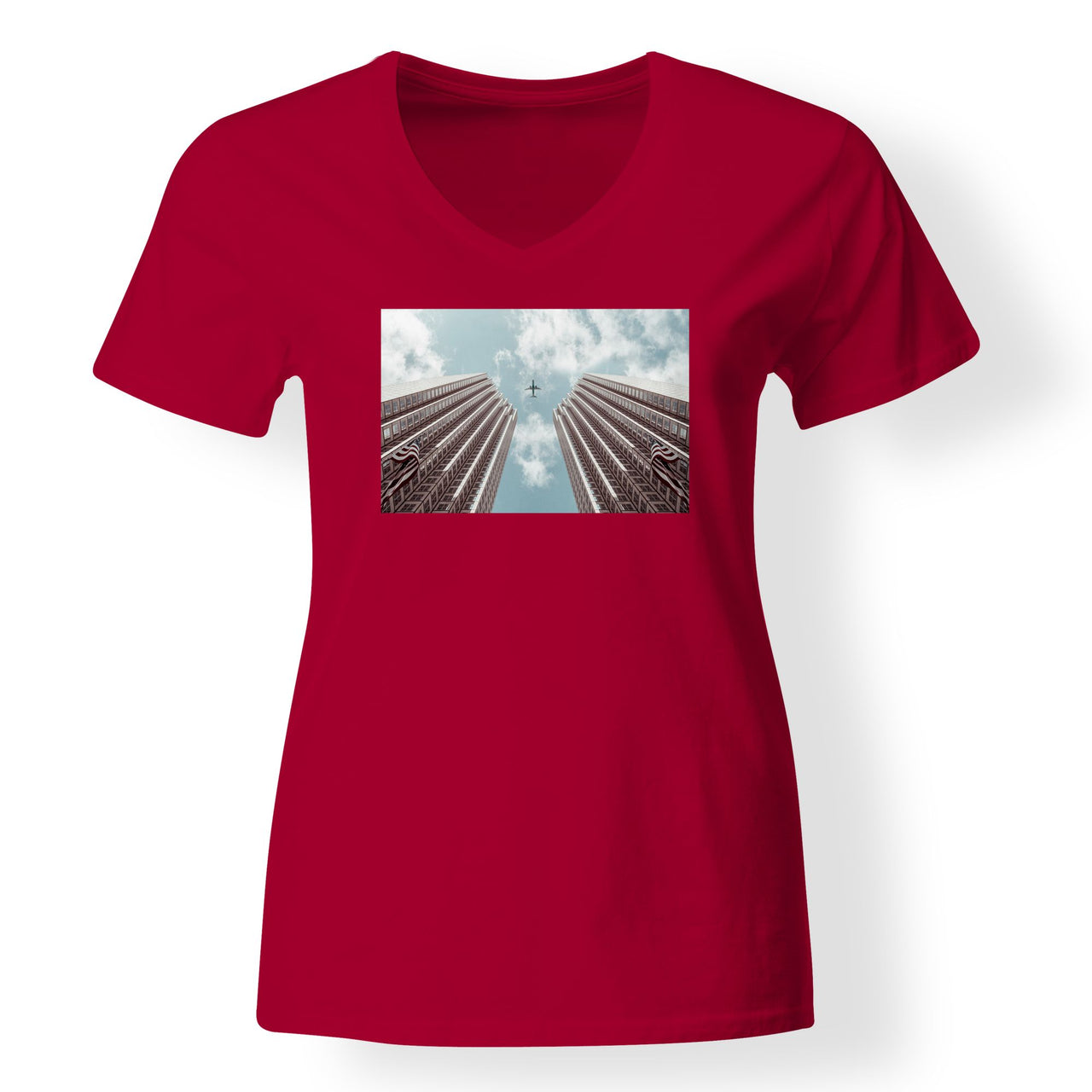 Airplane Flying over Big Buildings Designed V-Neck T-Shirts