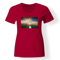 Thumbnail for Airplane Flying Over Runway Designed V-Neck T-Shirts