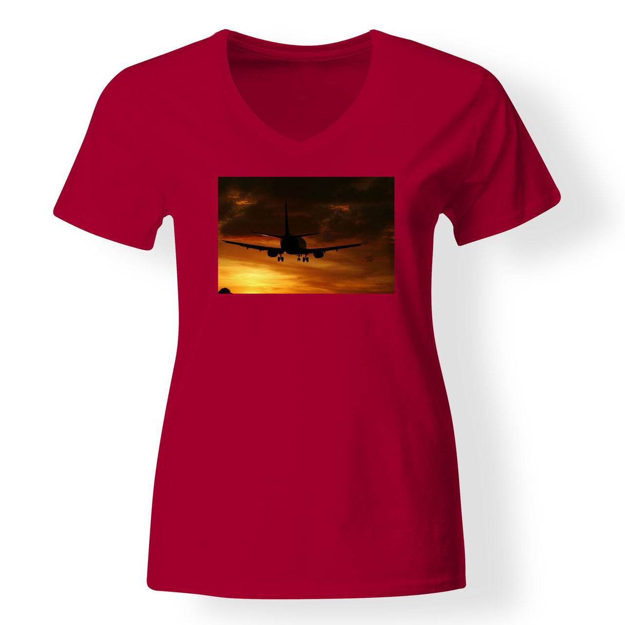 Beautiful Aircraft Landing at Sunset Designed V-Neck T-Shirts