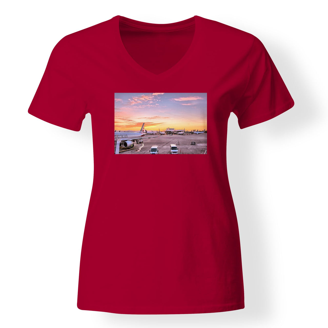 Airport Photo During Sunset Designed V-Neck T-Shirts