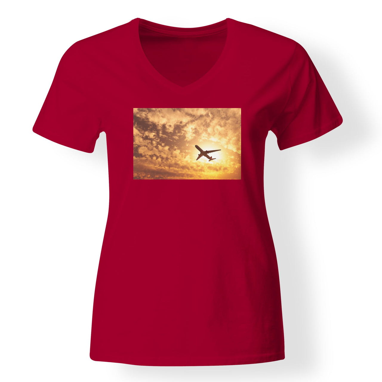 Plane Passing By Designed V-Neck T-Shirts