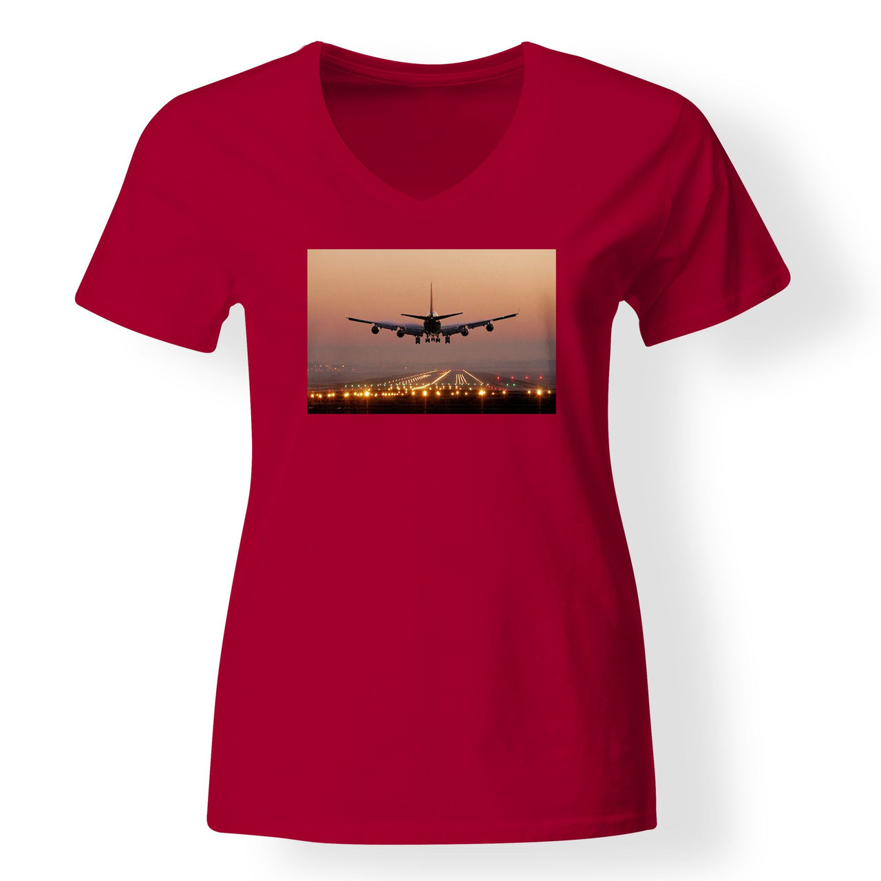 Landing Boeing 747 During Sunset Designed V-Neck T-Shirts