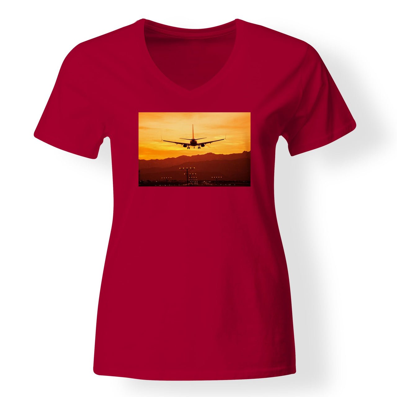 Landing Aircraft During Sunset Designed V-Neck T-Shirts