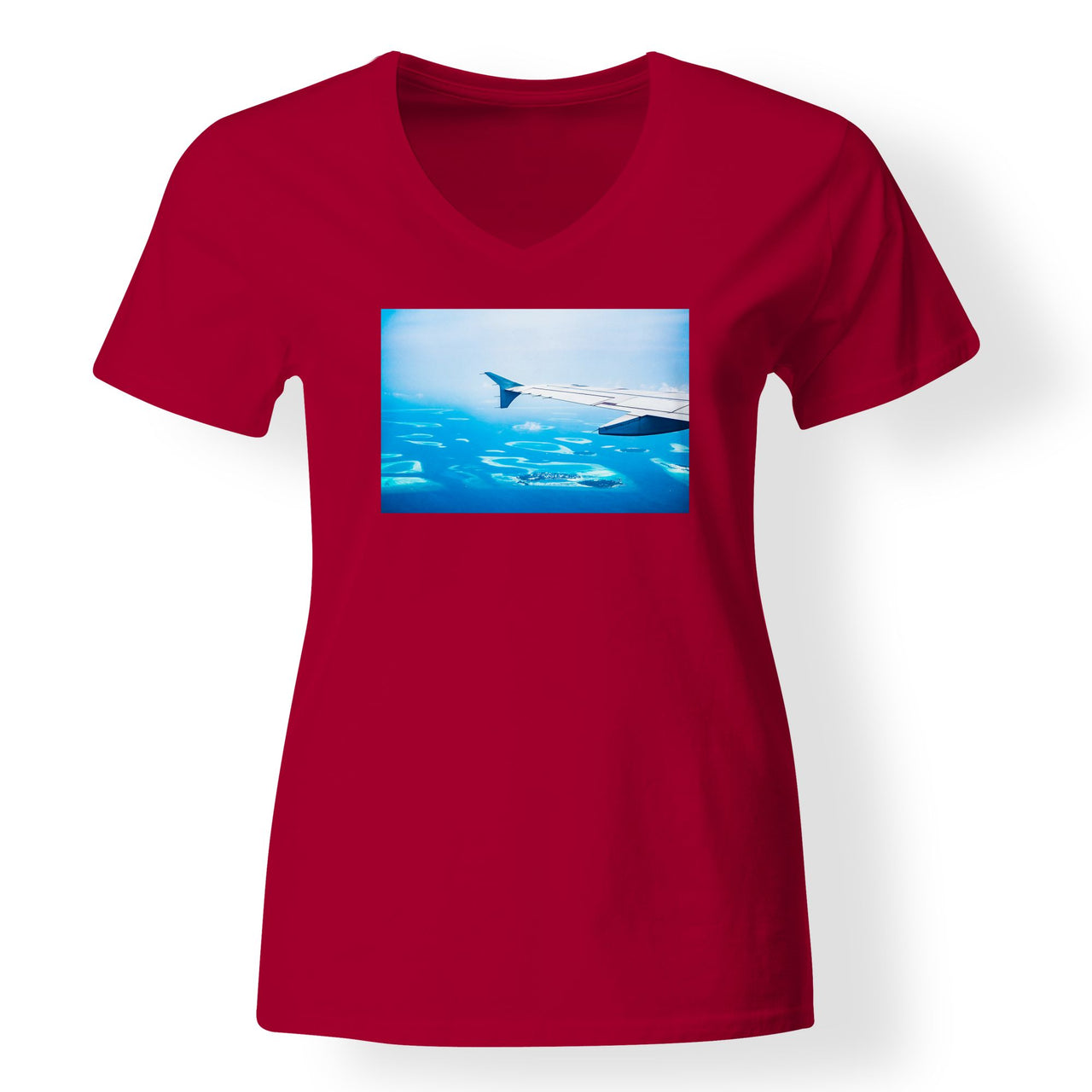 Outstanding View Through Airplane Wing Designed V-Neck T-Shirts