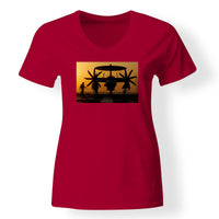 Thumbnail for Military Plane at Sunset Designed V-Neck T-Shirts