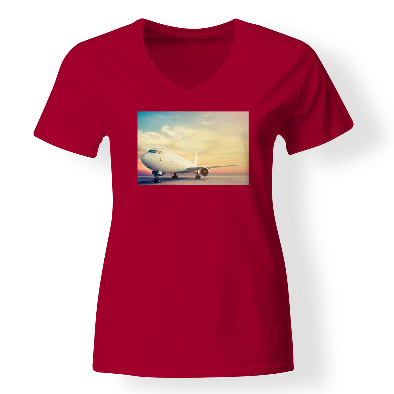 Parked Aircraft During Sunset Designed V-Neck T-Shirts
