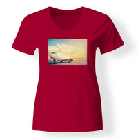Thumbnail for Parked Aircraft During Sunset Designed V-Neck T-Shirts