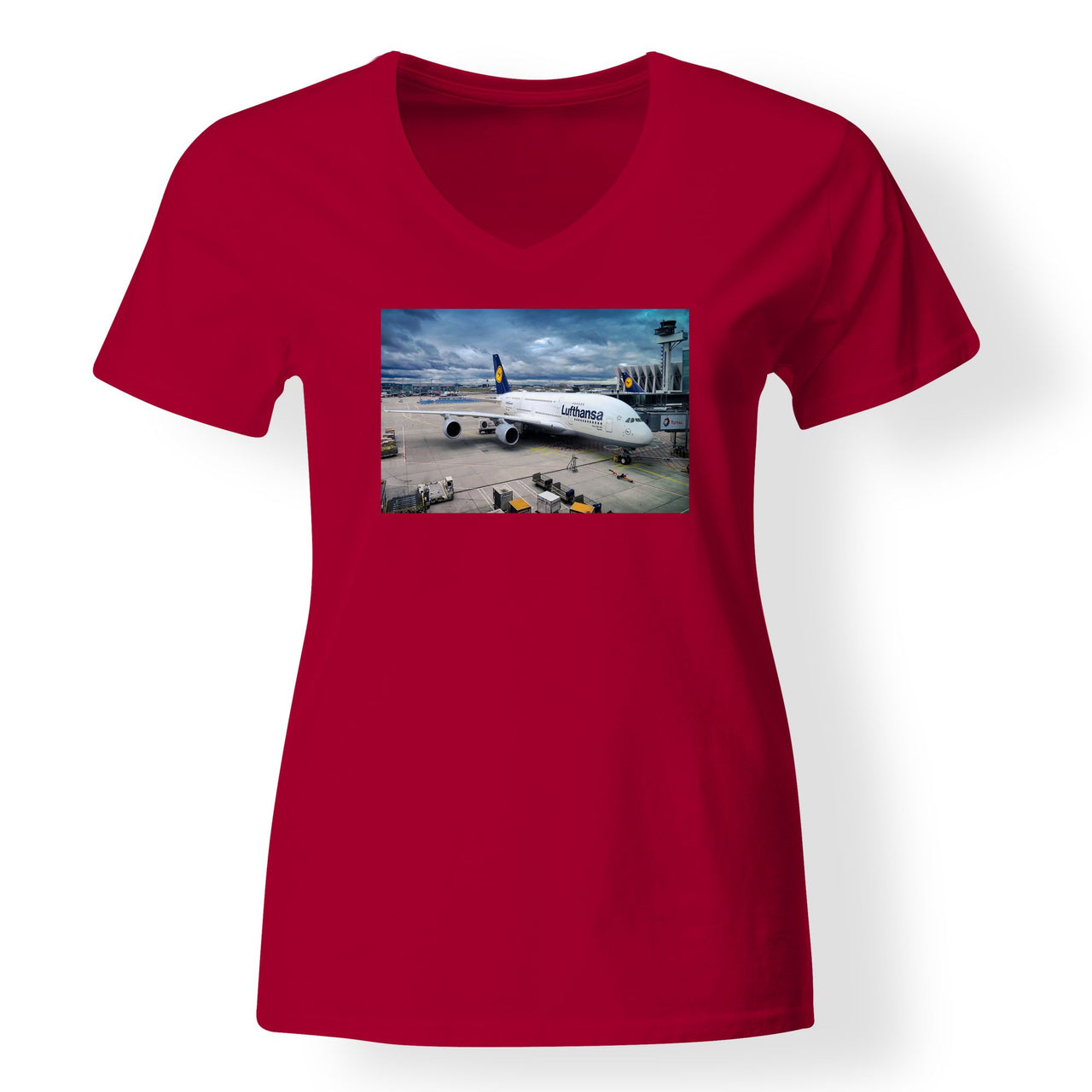 Lufthansa's A380 At The Gate Designed V-Neck T-Shirts