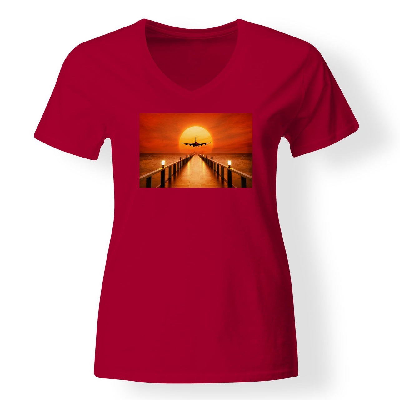 Airbus A380 Towards Sunset Designed V-Neck T-Shirts