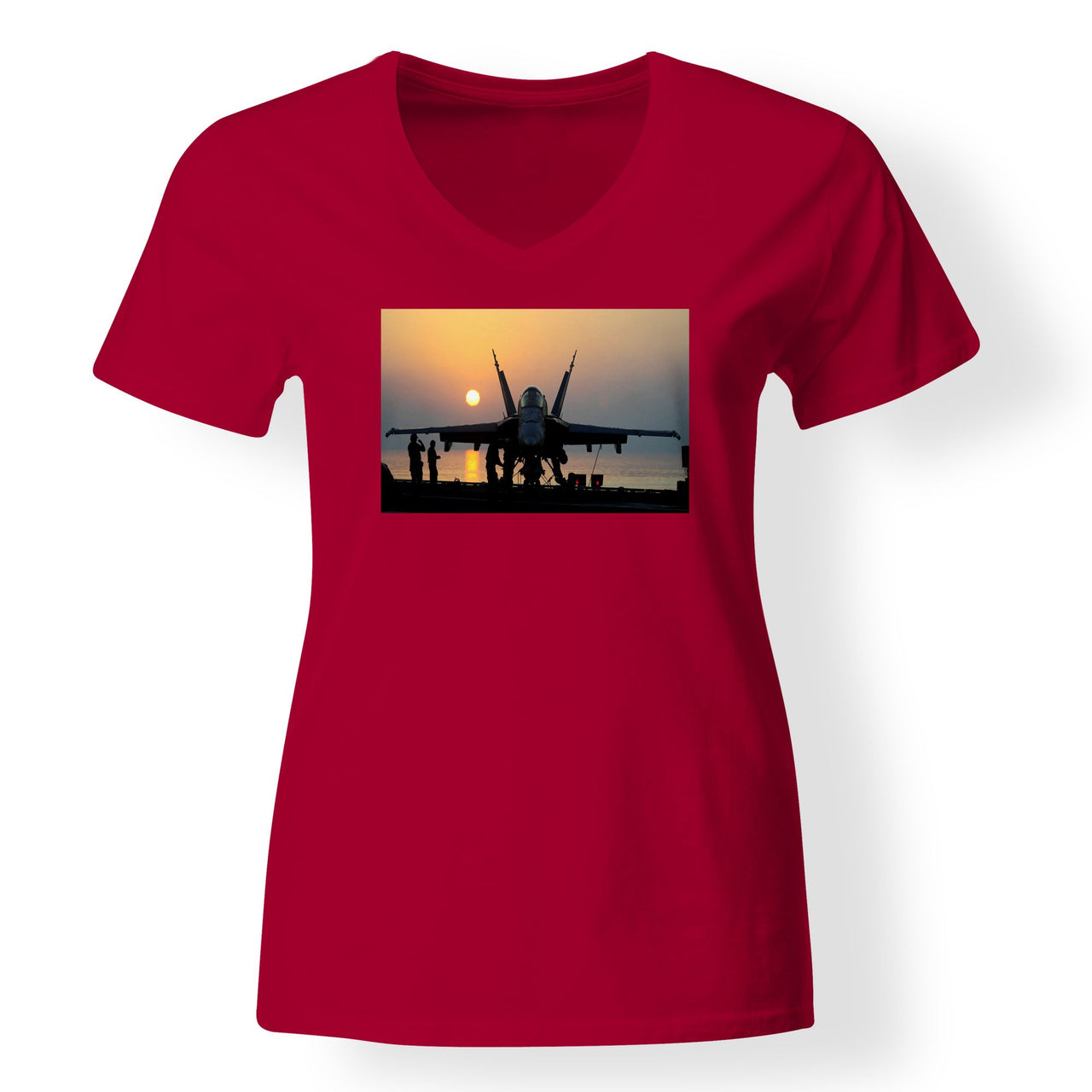 Military Jet During Sunset Designed V-Neck T-Shirts