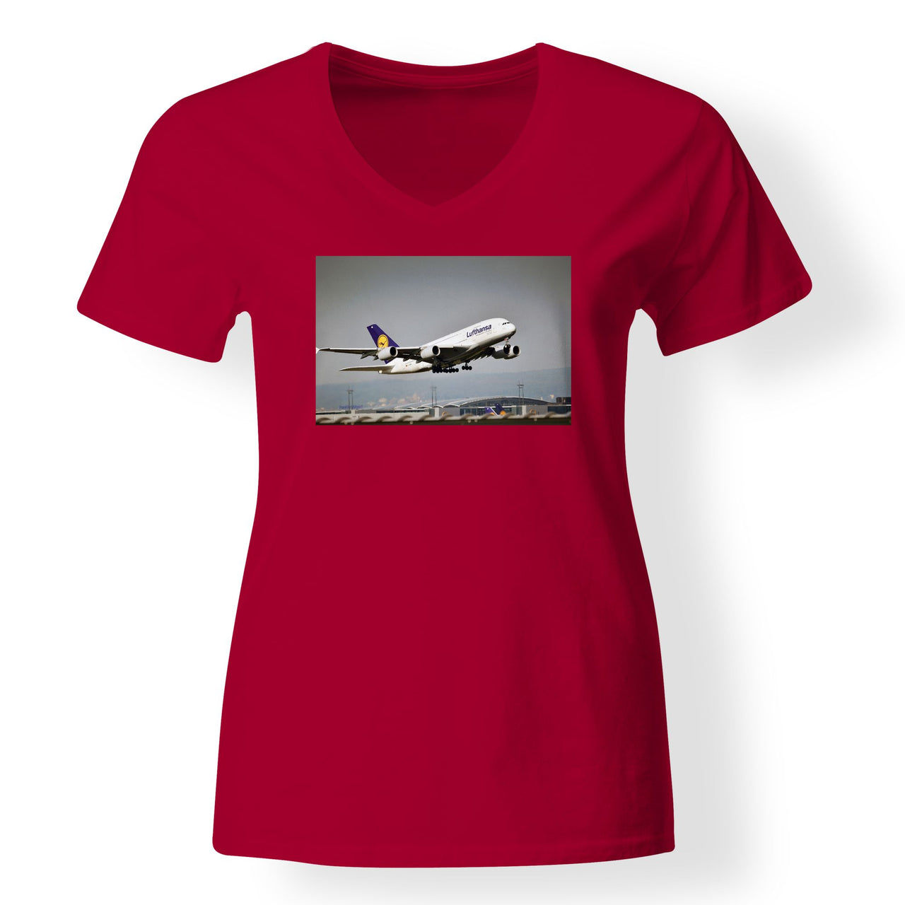 Departing Lufthansa A380 Designed V-Neck T-Shirts