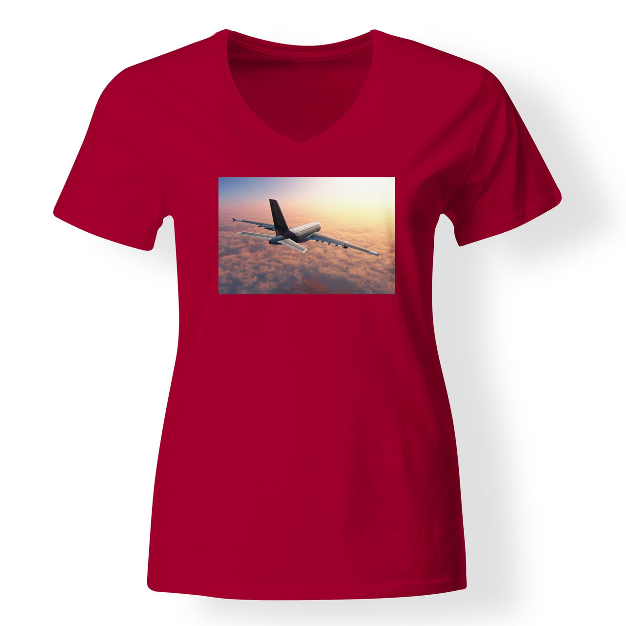 Super Cruising Airbus A380 over Clouds Designed V-Neck T-Shirts
