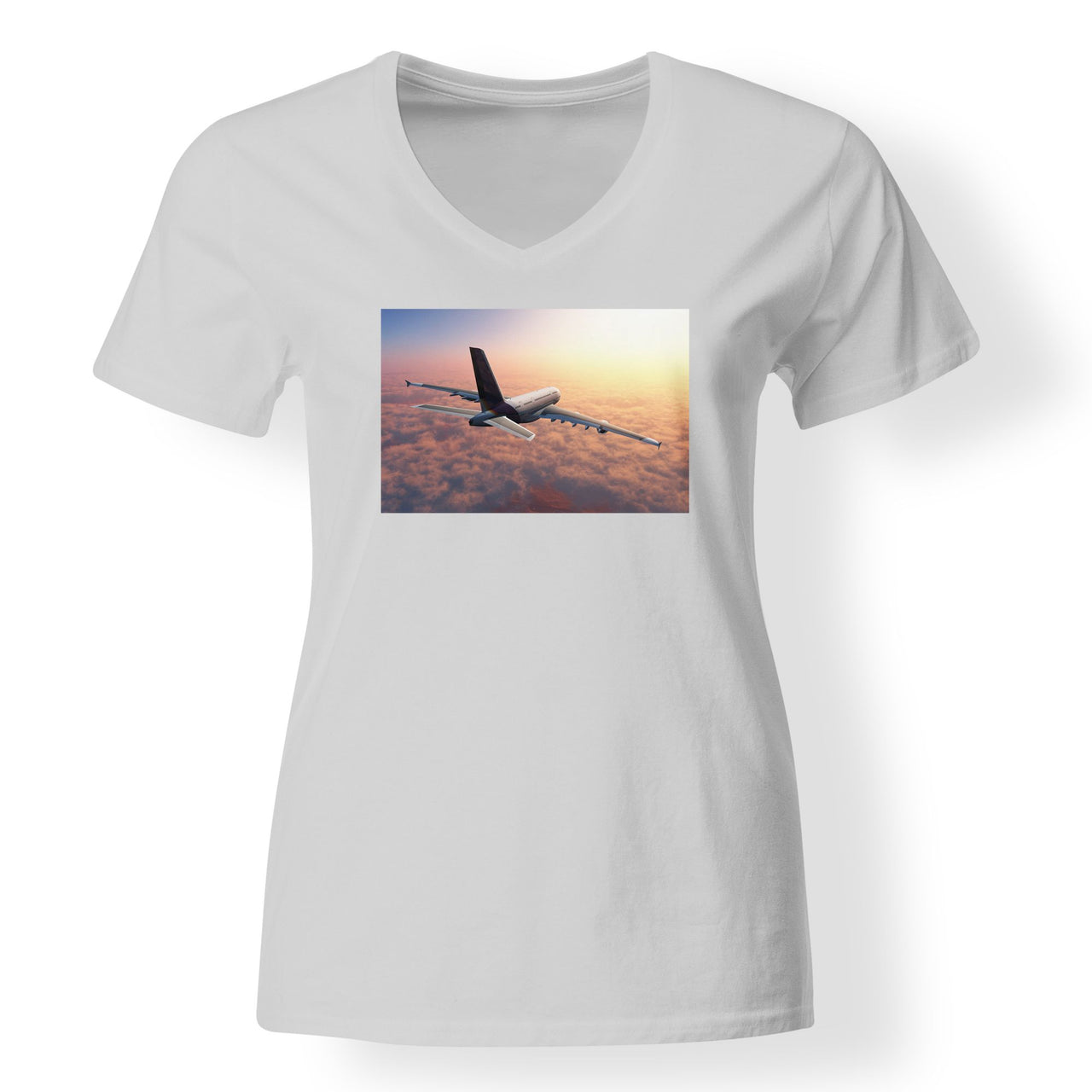 Super Cruising Airbus A380 over Clouds Designed V-Neck T-Shirts