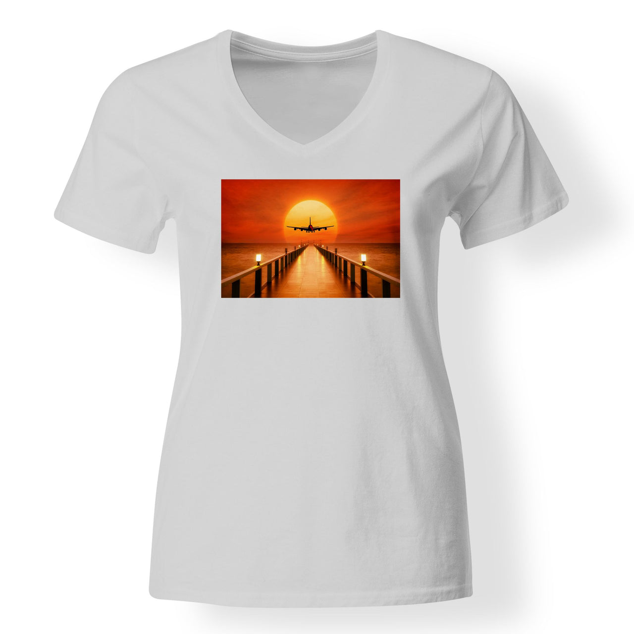 Airbus A380 Towards Sunset Designed V-Neck T-Shirts