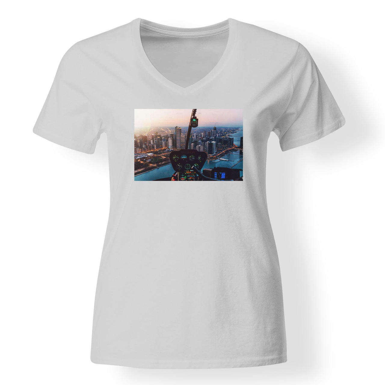 Amazing City View from Helicopter Cockpit Designed V-Neck T-Shirts