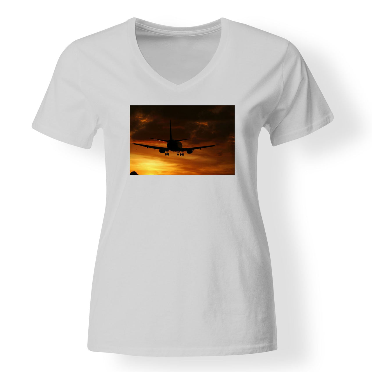 Beautiful Aircraft Landing at Sunset Designed V-Neck T-Shirts