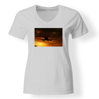 Thumbnail for Beautiful Aircraft Landing at Sunset Designed V-Neck T-Shirts