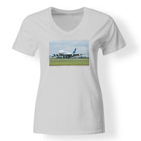 Thumbnail for Departing Airbus A380 with Original Livery Designed V-Neck T-Shirts