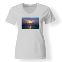 Thumbnail for Super Airbus A380 Landing During Sunset Designed V-Neck T-Shirts