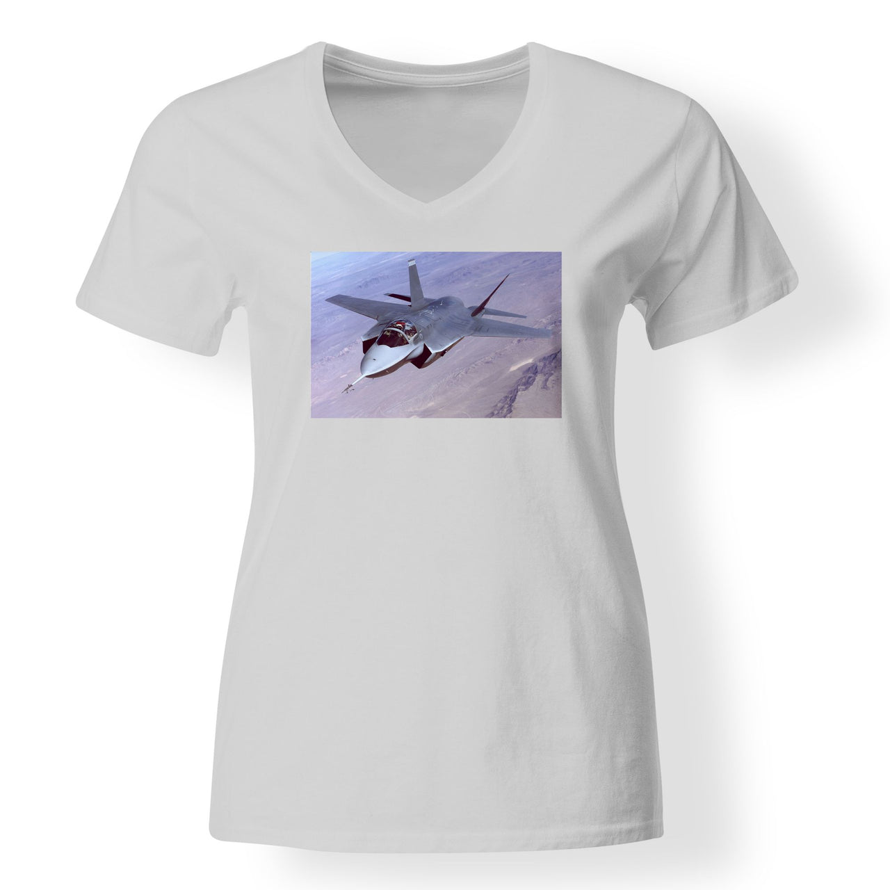 Fighter Jet 35 Captured in the Air Designed V-Neck T-Shirts
