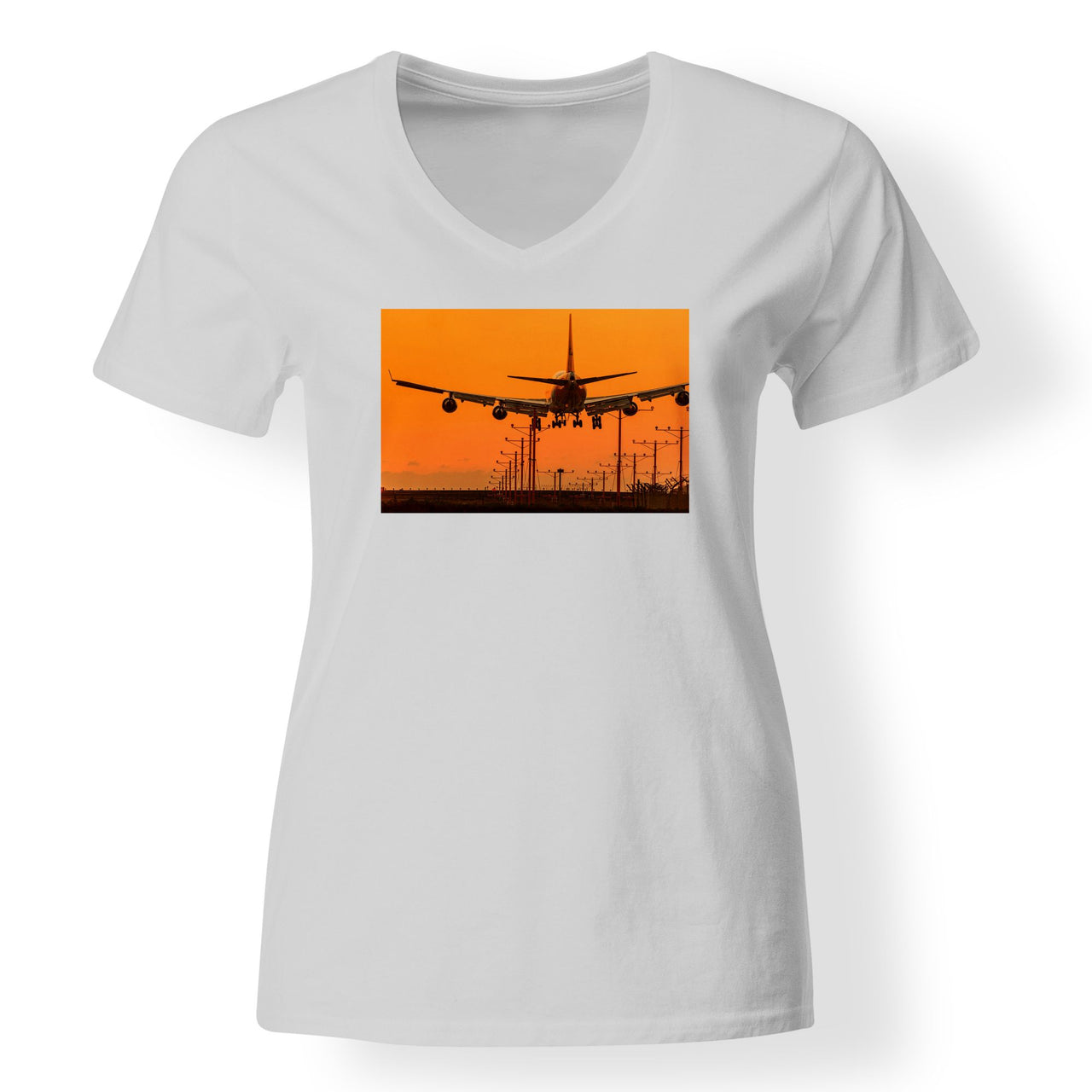 Close up to Boeing 747 Landing at Sunset Designed V-Neck T-Shirts