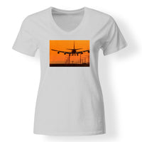 Thumbnail for Close up to Boeing 747 Landing at Sunset Designed V-Neck T-Shirts