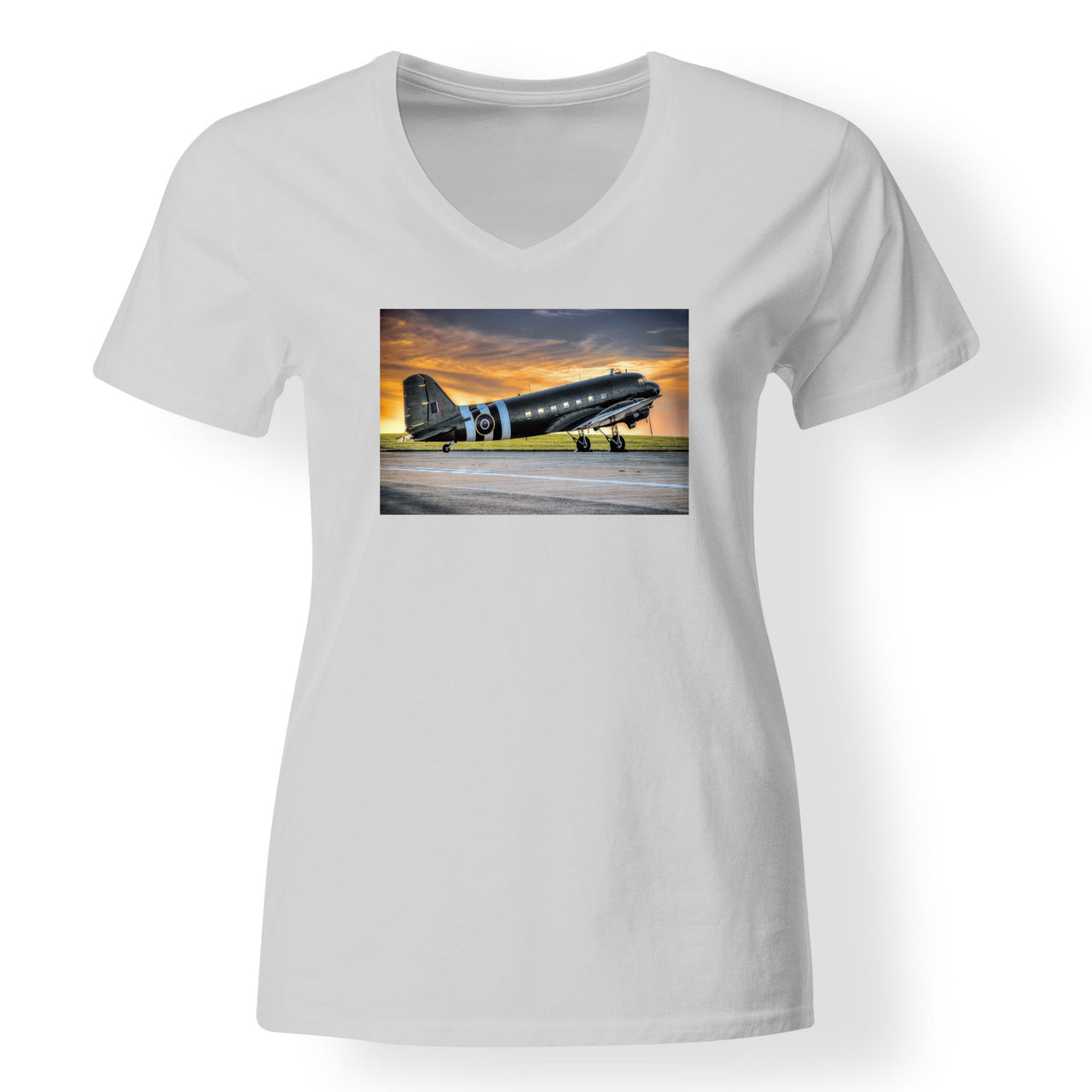 Old Airplane Parked During Sunset Designed V-Neck T-Shirts