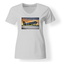 Thumbnail for Old Airplane Parked During Sunset Designed V-Neck T-Shirts