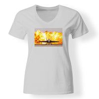 Thumbnail for Face to Face with Air Force Jet & Flames Designed V-Neck T-Shirts