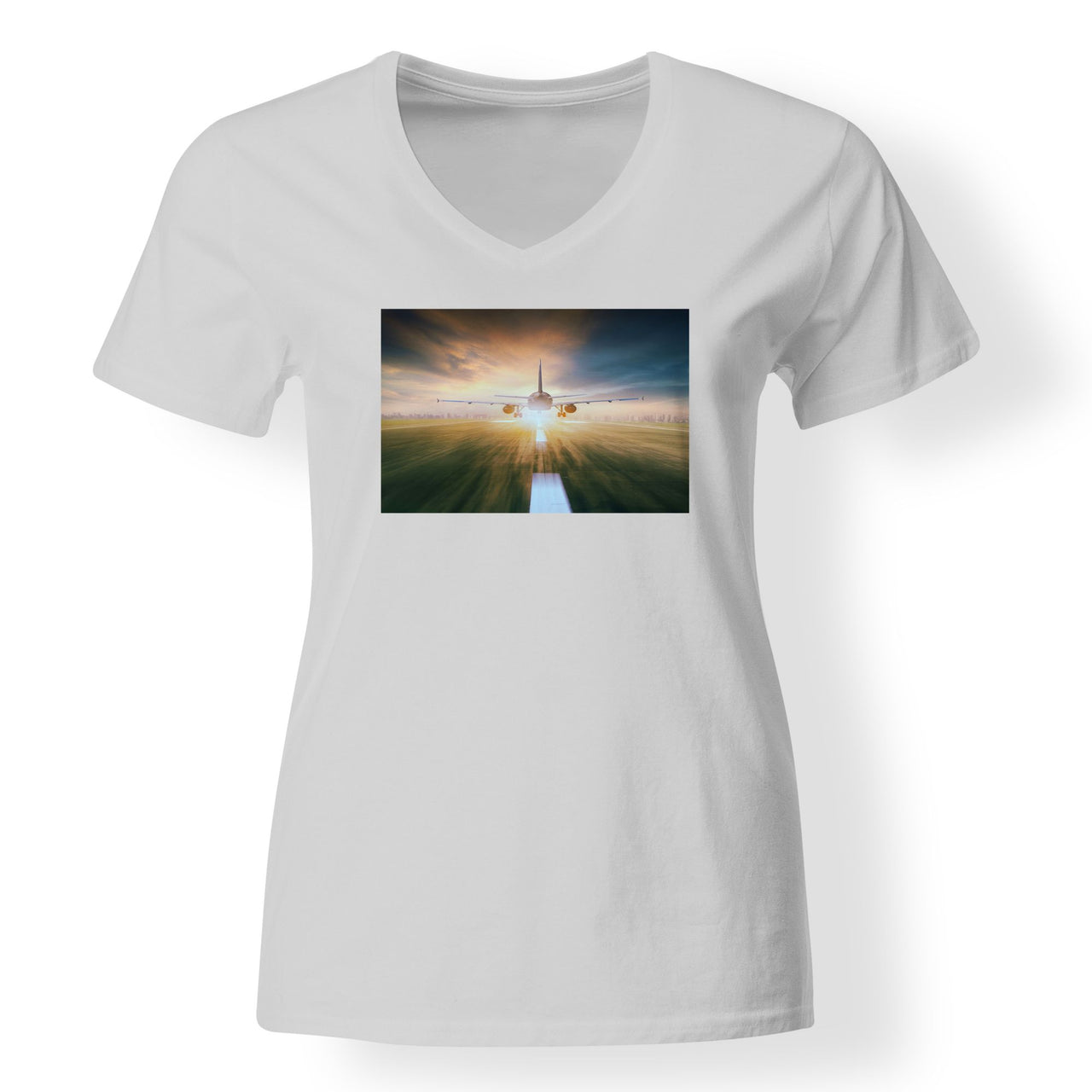 Airplane Flying Over Runway Designed V-Neck T-Shirts