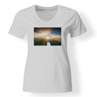 Thumbnail for Airplane Flying Over Runway Designed V-Neck T-Shirts