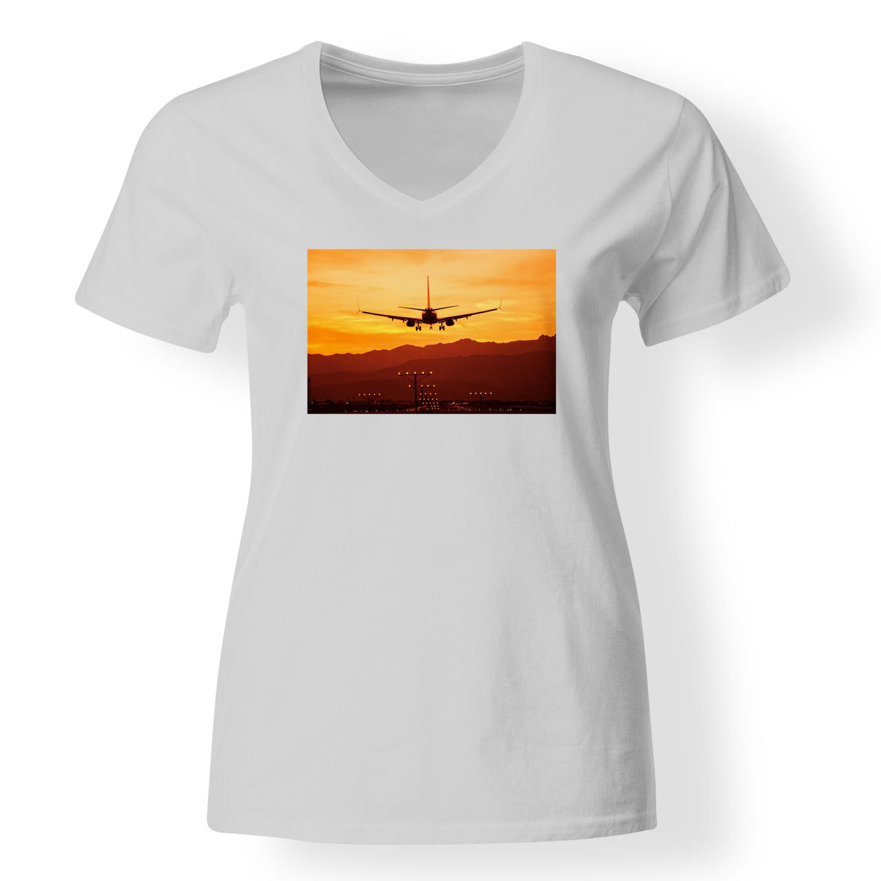 Landing Aircraft During Sunset Designed V-Neck T-Shirts