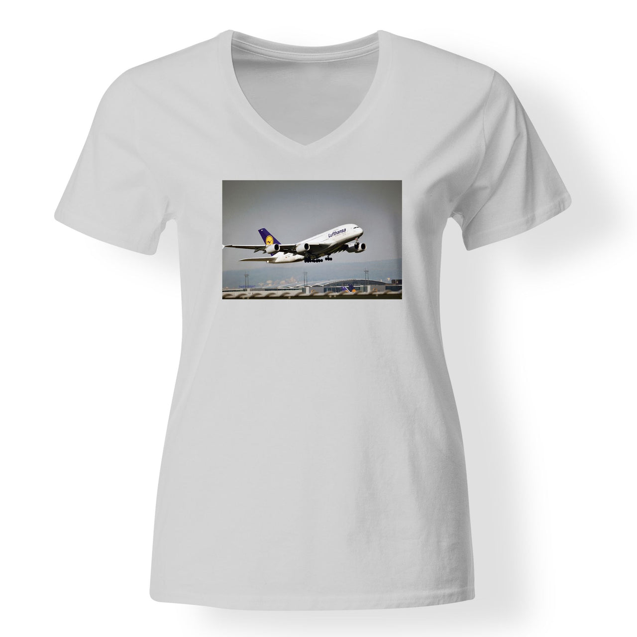 Departing Lufthansa A380 Designed V-Neck T-Shirts