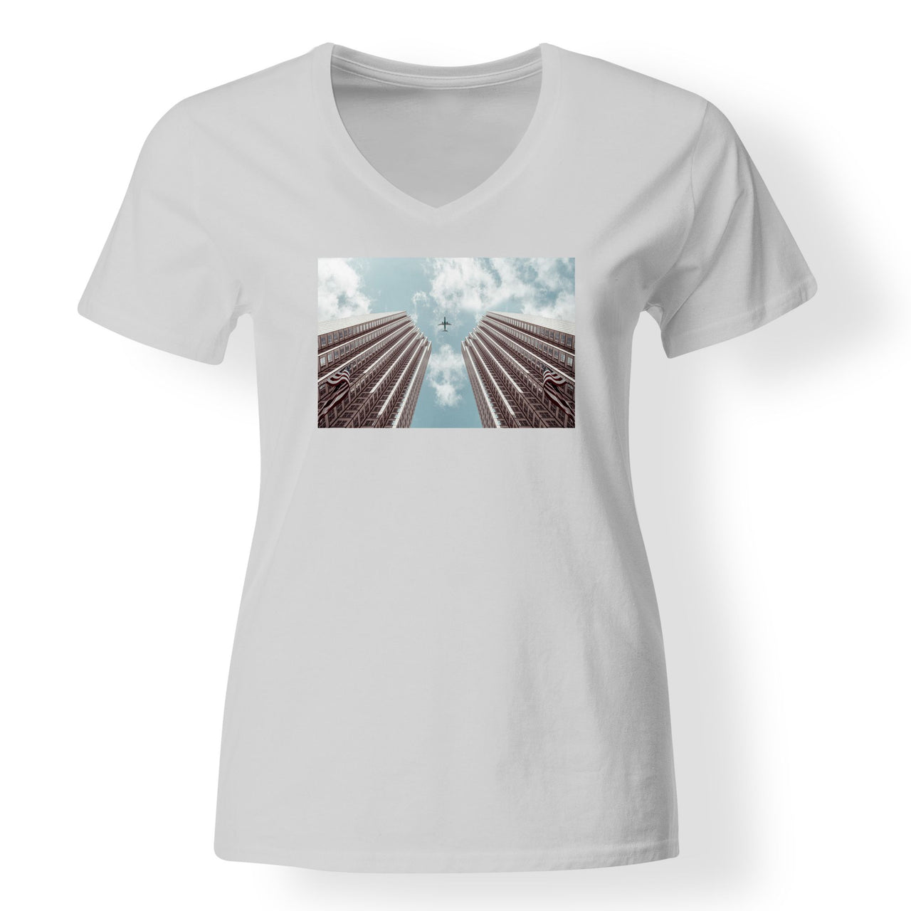 Airplane Flying over Big Buildings Designed V-Neck T-Shirts