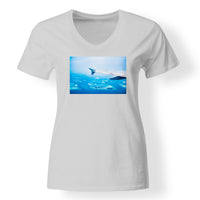 Thumbnail for Outstanding View Through Airplane Wing Designed V-Neck T-Shirts