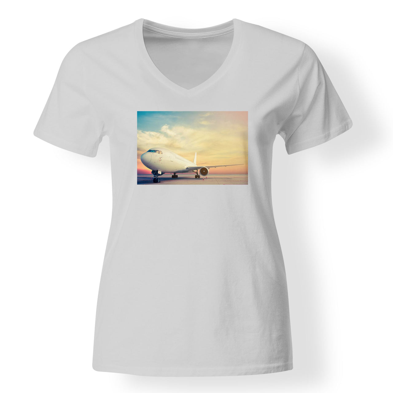 Parked Aircraft During Sunset Designed V-Neck T-Shirts