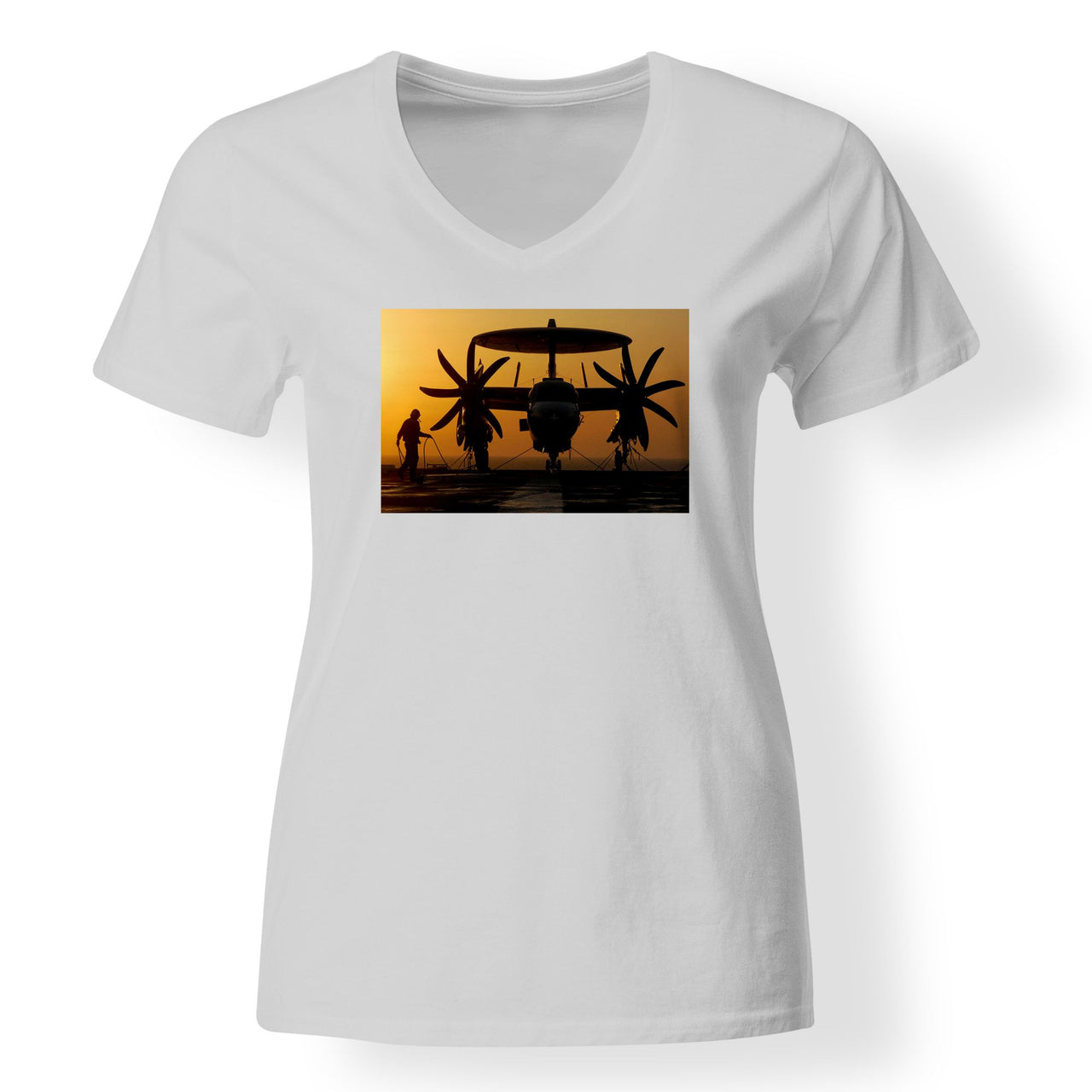 Military Plane at Sunset Designed V-Neck T-Shirts