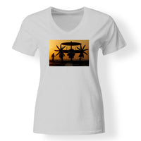 Thumbnail for Military Plane at Sunset Designed V-Neck T-Shirts