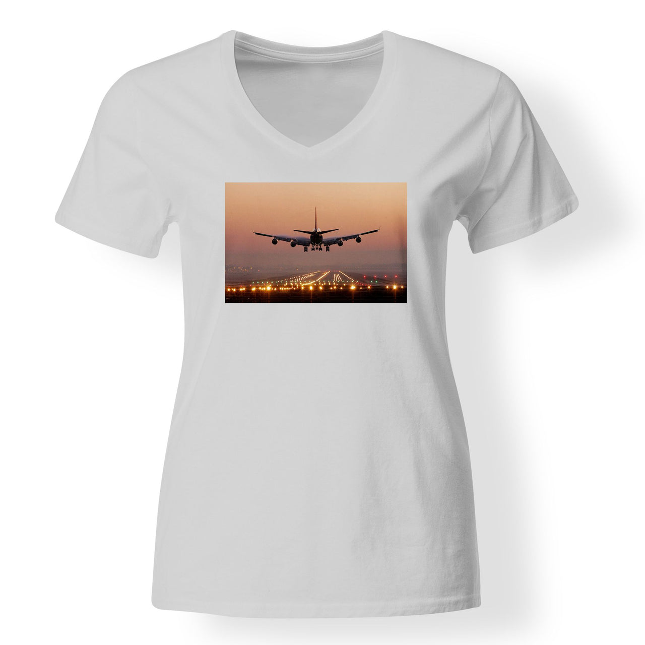 Landing Boeing 747 During Sunset Designed V-Neck T-Shirts
