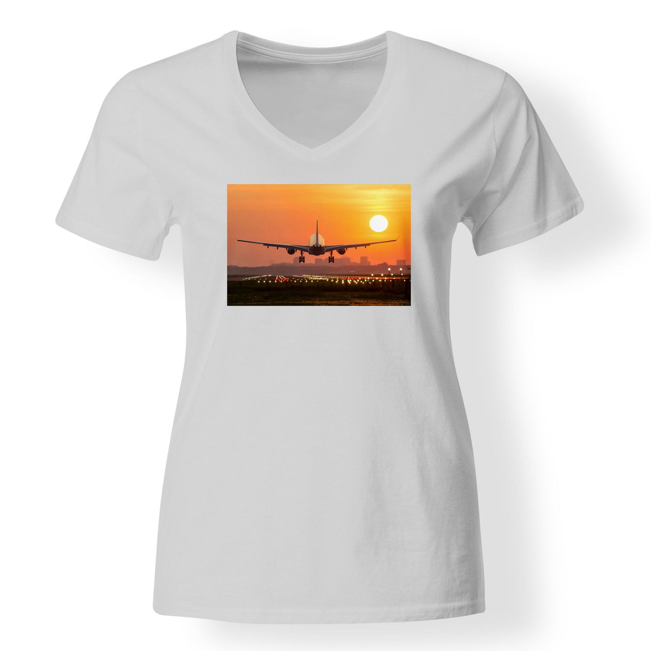 Amazing Airbus A330 Landing at Sunset Designed V-Neck T-Shirts