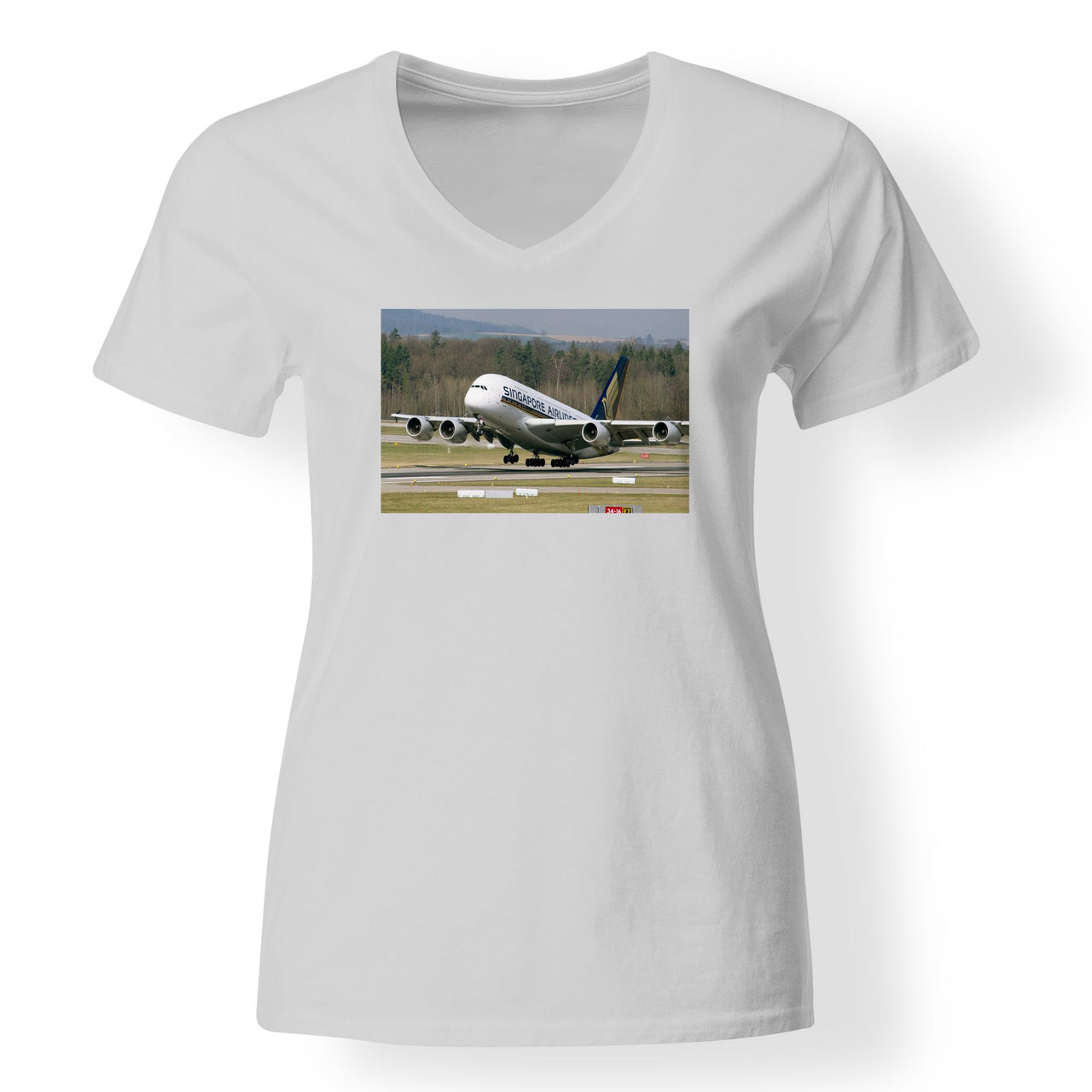 Departing Singapore Airlines A380 Designed V-Neck T-Shirts