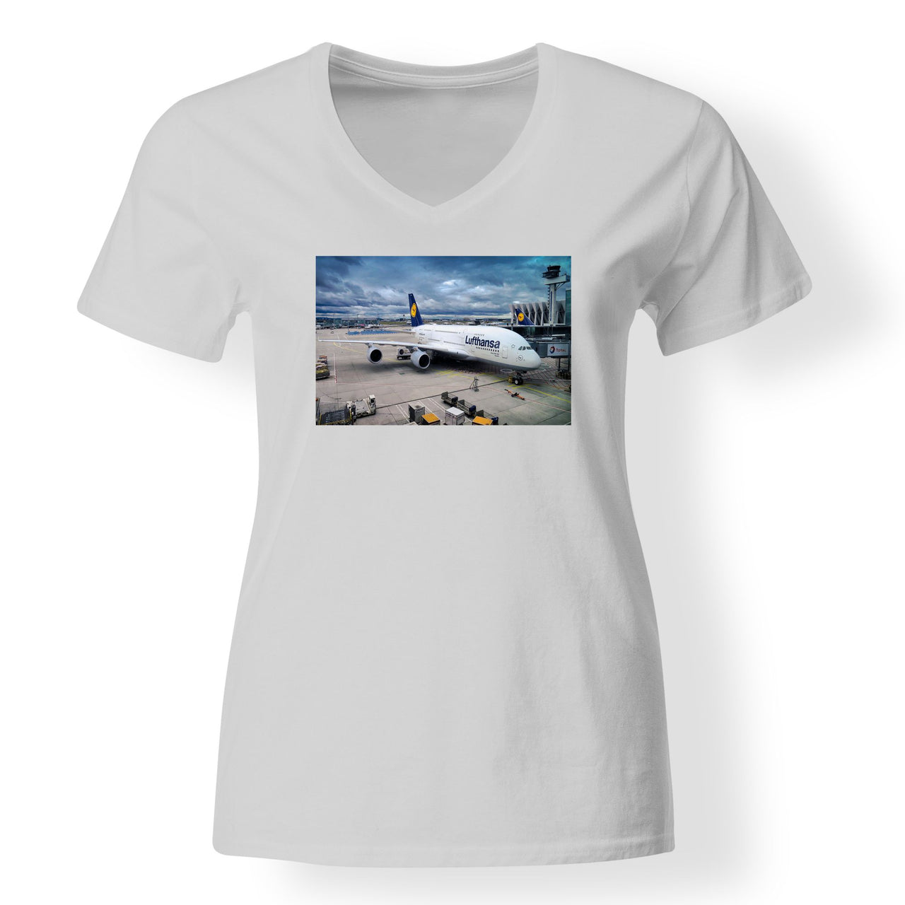 Lufthansa's A380 At The Gate Designed V-Neck T-Shirts